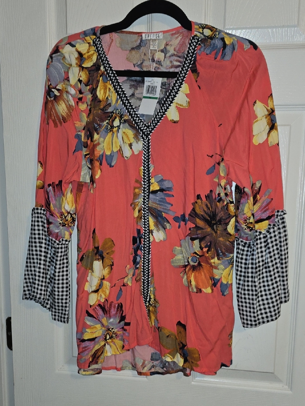 Spense Coral Floral V-Neck Tunic with Gingham Trim